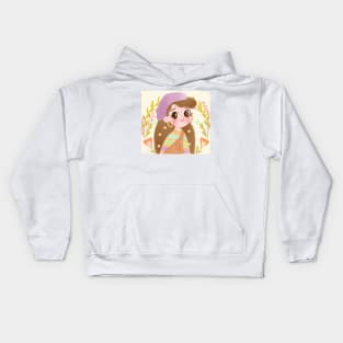 Cute Kawaii Girl in Headscarf and Overalls - Floral Pastel Art Kids Hoodie